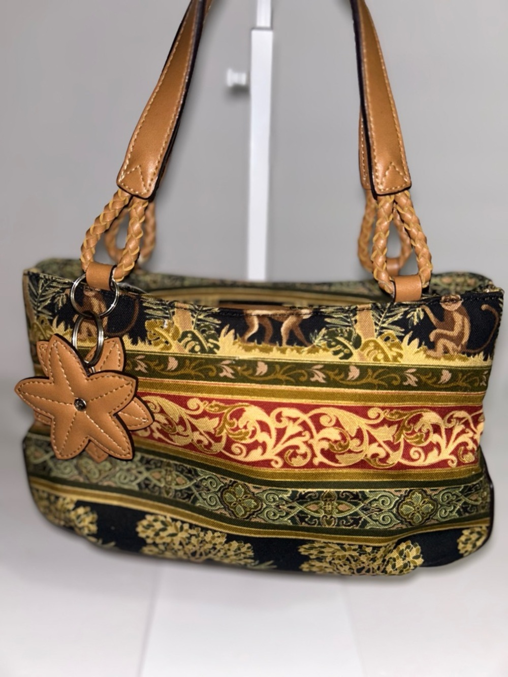 Vintage Relic Multicolor Tapestry Shoulder Bag with Tan Handles